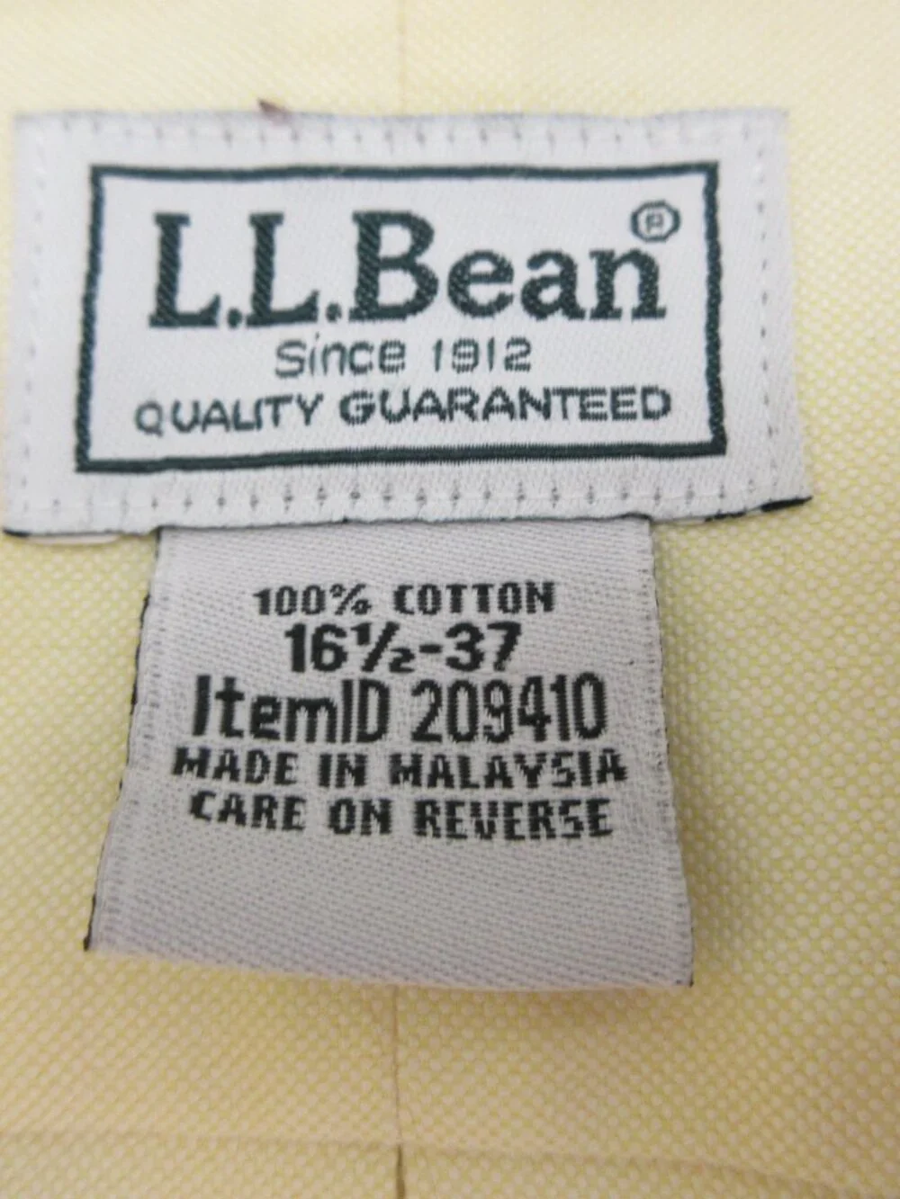LL BEAN BUTTON DOWN SHIRT MEN'S L LARGE 16 1/2-37 LIGHT PALE YELLOW LONG SLEEVE